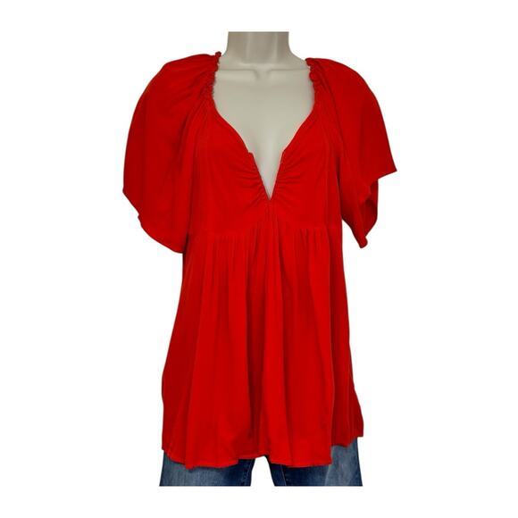 Umgee Tops - Umgee Vibrant Red/Orange V-Neck Flutter Sleeve Babydoll Top Size Small